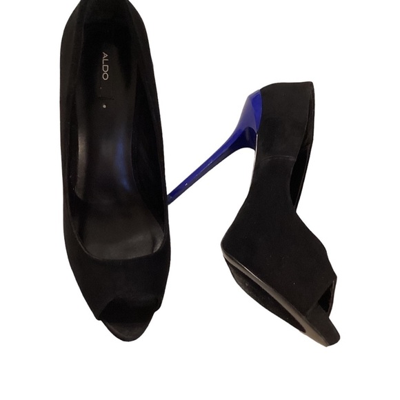 Aldo Tarolli Women’s Black Suede Blue Heel Open Toe High Heel Shoes s 9M - Picture 2 of 8